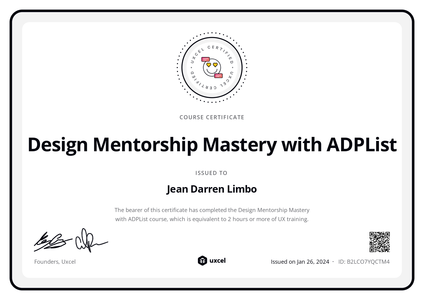 Jean Darren Limbo's certificate